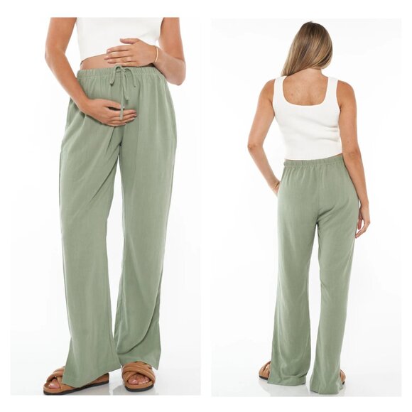 NWT Bae The Label Time and Place Linen Pant Sage size M Split Hem Maternity - Picture 4 of 15